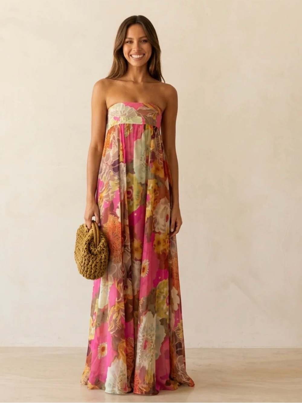 Strapless Floral Maxi Dress in Pink